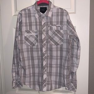 Modern Culture Men’s Gray and White Plaid Button-Front Shirt